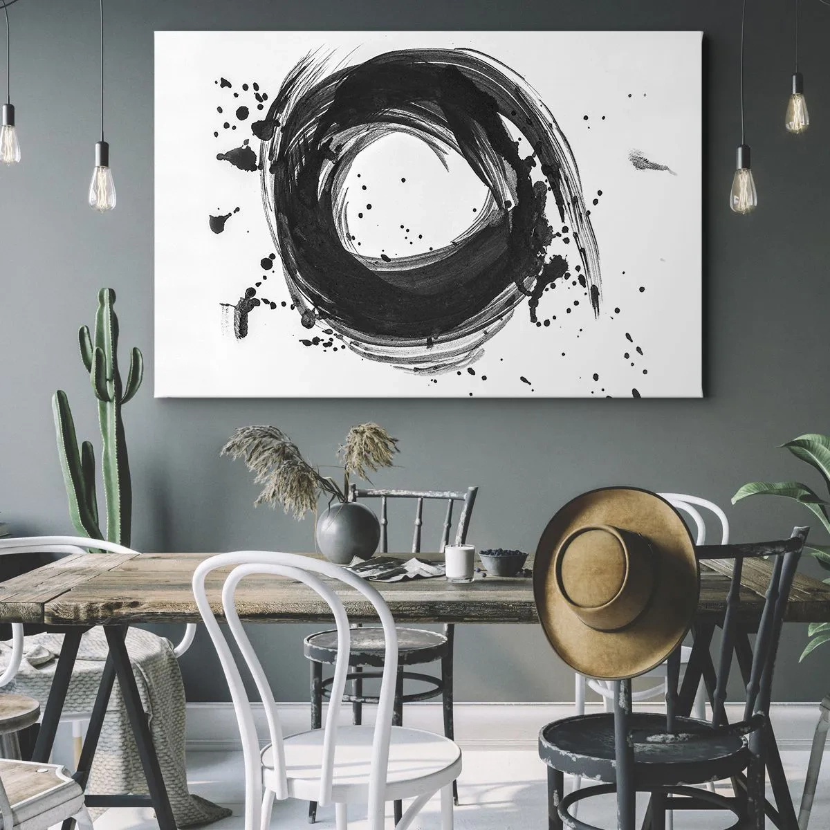 Canvastavla - Bild på duk - Svart abstraktion i form av en cirkel på en vit bakgrund - 70x50cm - Skapandets virvel - Modern väggdekoration för vardagsrum och sovrum ARTTOR