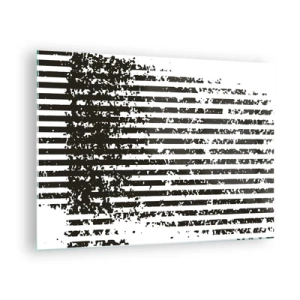 Glastavla - Bild på glas - Svartvita horisontella linjer med brus- och nötningseffekter - 70x50cm - Rytm och brus - Modern väggdekoration för vardagsrum och sovrum ARTTOR