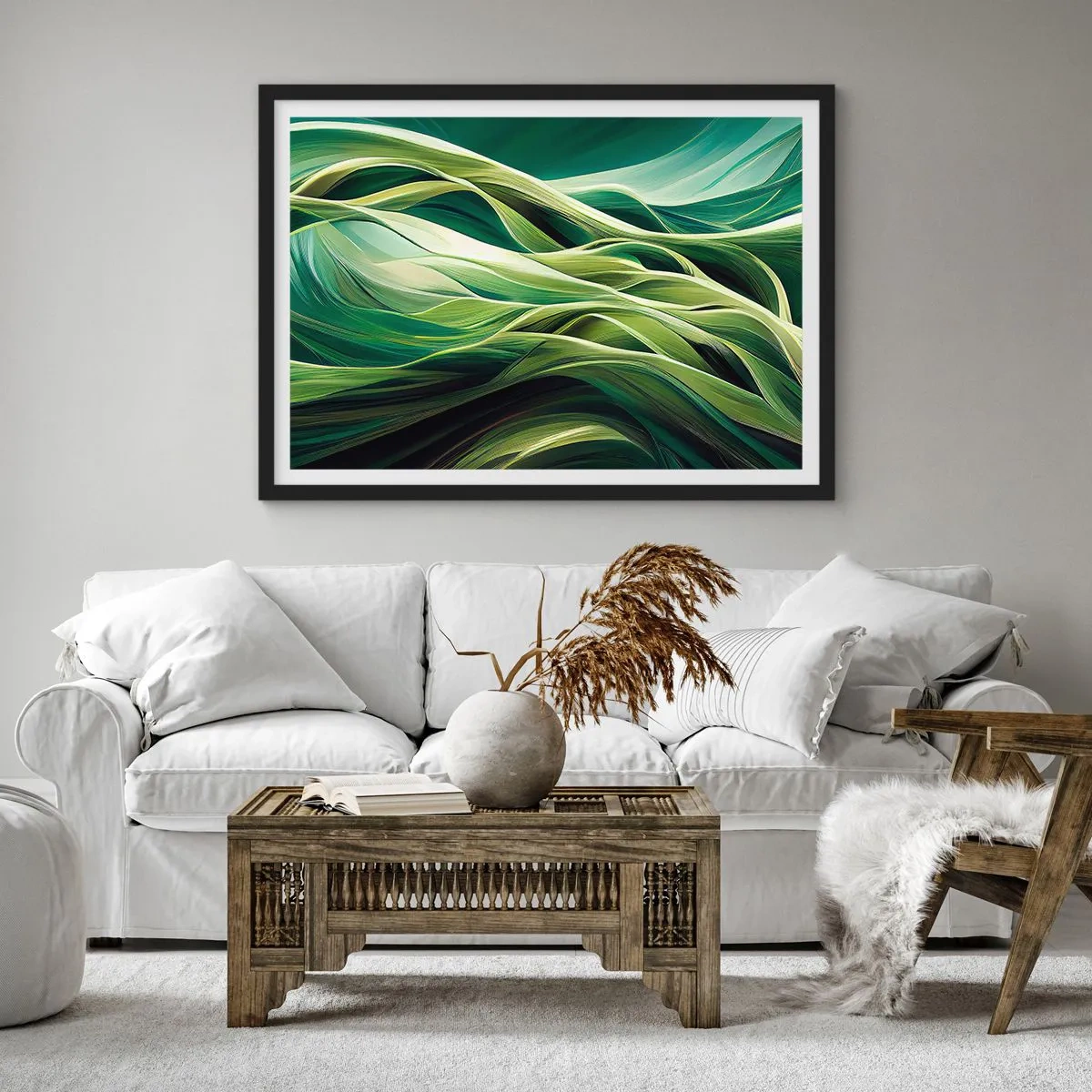 Affisch i svart ram - Ett abstrakt spel med grönt - 100x70 cm