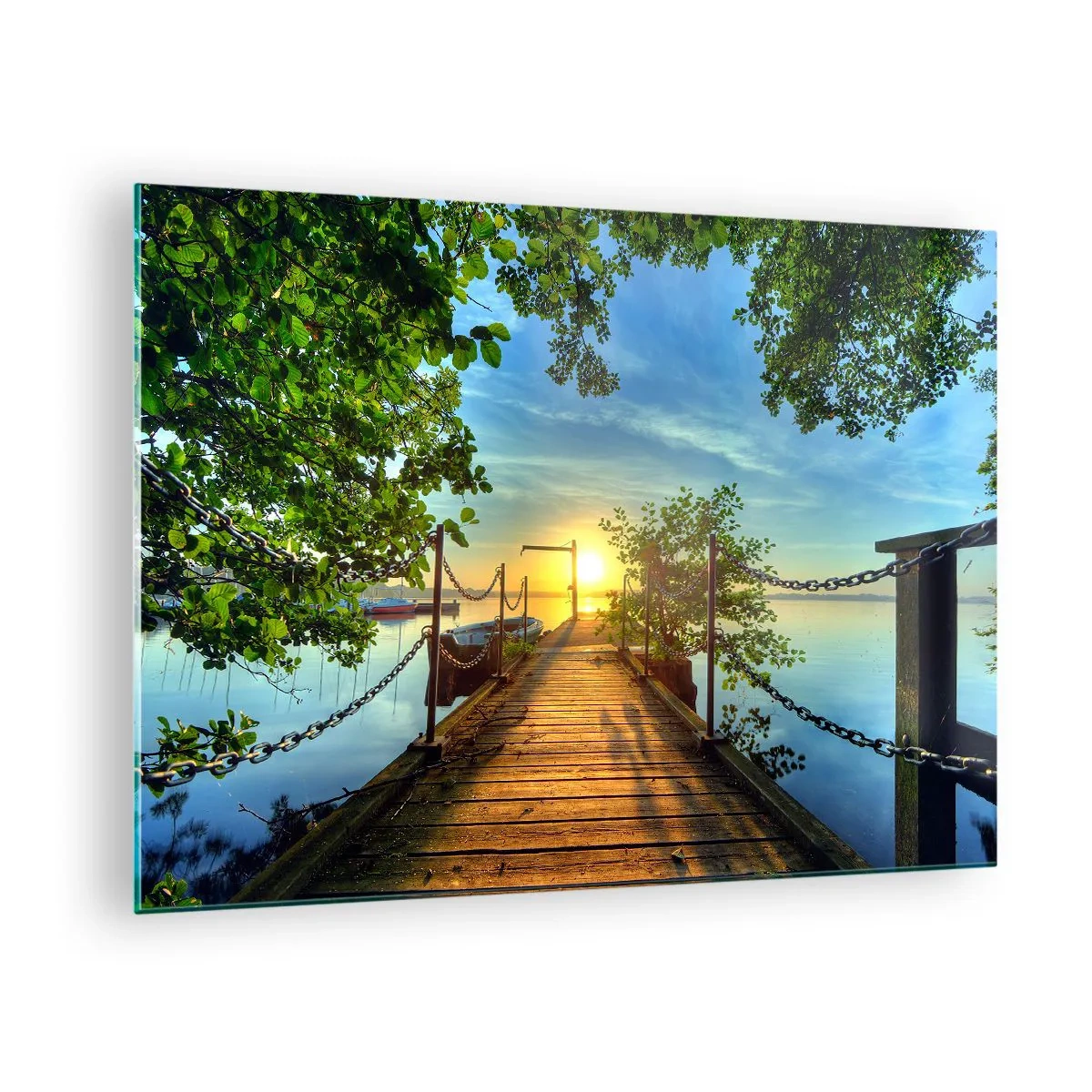 Glastavla - Bild på glas - En pir med utsikt över solnedgången över sjön - 70x50cm - Solnedgång vid vatten - Modern väggdekoration för vardagsrum och sovrum ARTTOR
