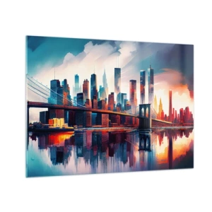 Glastavla - Bild på glas - Panorama över staden med en bro mot den färgglada himlen och reflektionen i vattnet - 70x50cm - Fenomenala New York - Modern väggdekoration för vardagsrum och sovrum ARTTOR