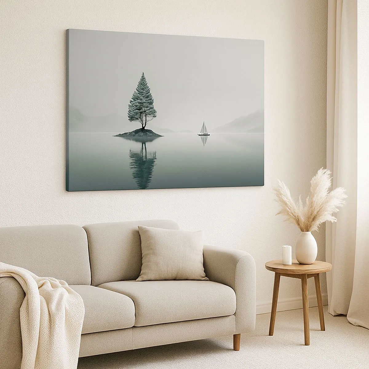 Canvastavla - Bild på duk - Ett minimalistiskt landskap med ett träd på en ö och en segelbåt. - 70x50cm - En dröm - Modern väggdekoration för vardagsrum och sovrum ARTTOR