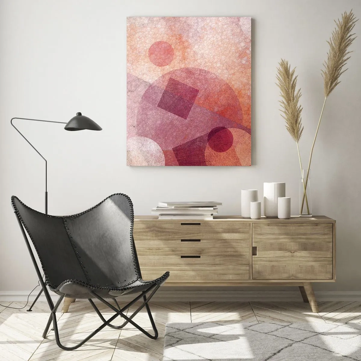 Glastavla - Bild på glas - Geometriska omvandlingar i rosa - 80x120 cm