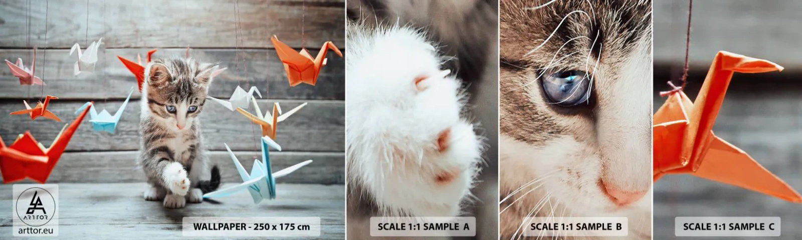 Provbit av självhäftande fototapet Deluxe Sticker - Första lektionen - Djur, Katt, Origami - 100x30 cm