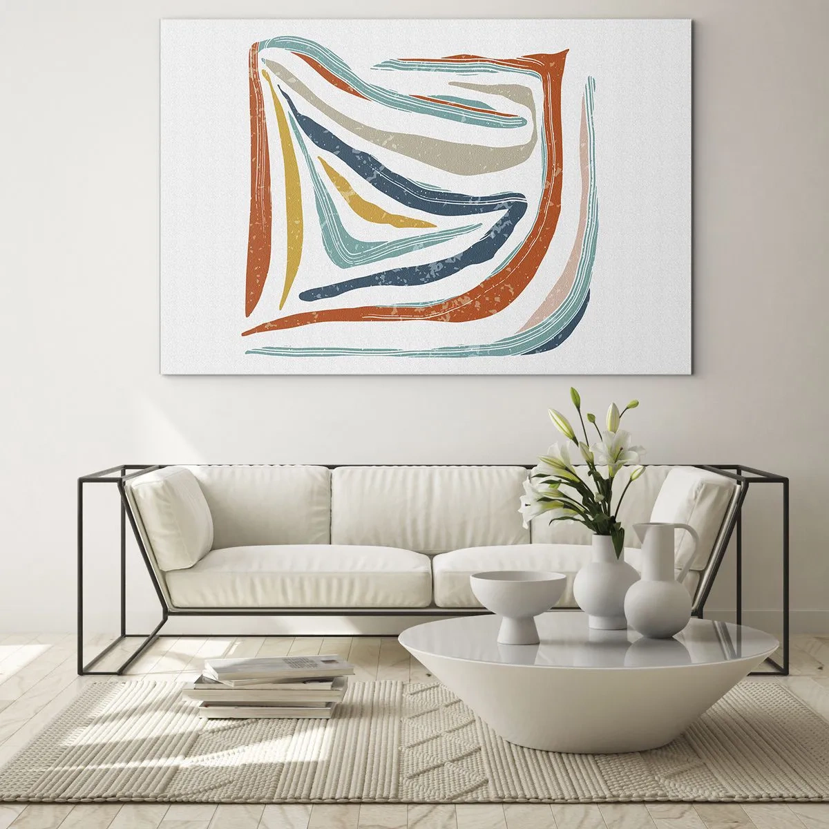 Glastavla - Bild på glas - Färgglada ränder skapar en dynamisk abstraktion mot en vit bakgrund - 70x50cm - Vänligt leende abstraktion - Modern väggdekoration för vardagsrum och sovrum ARTTOR