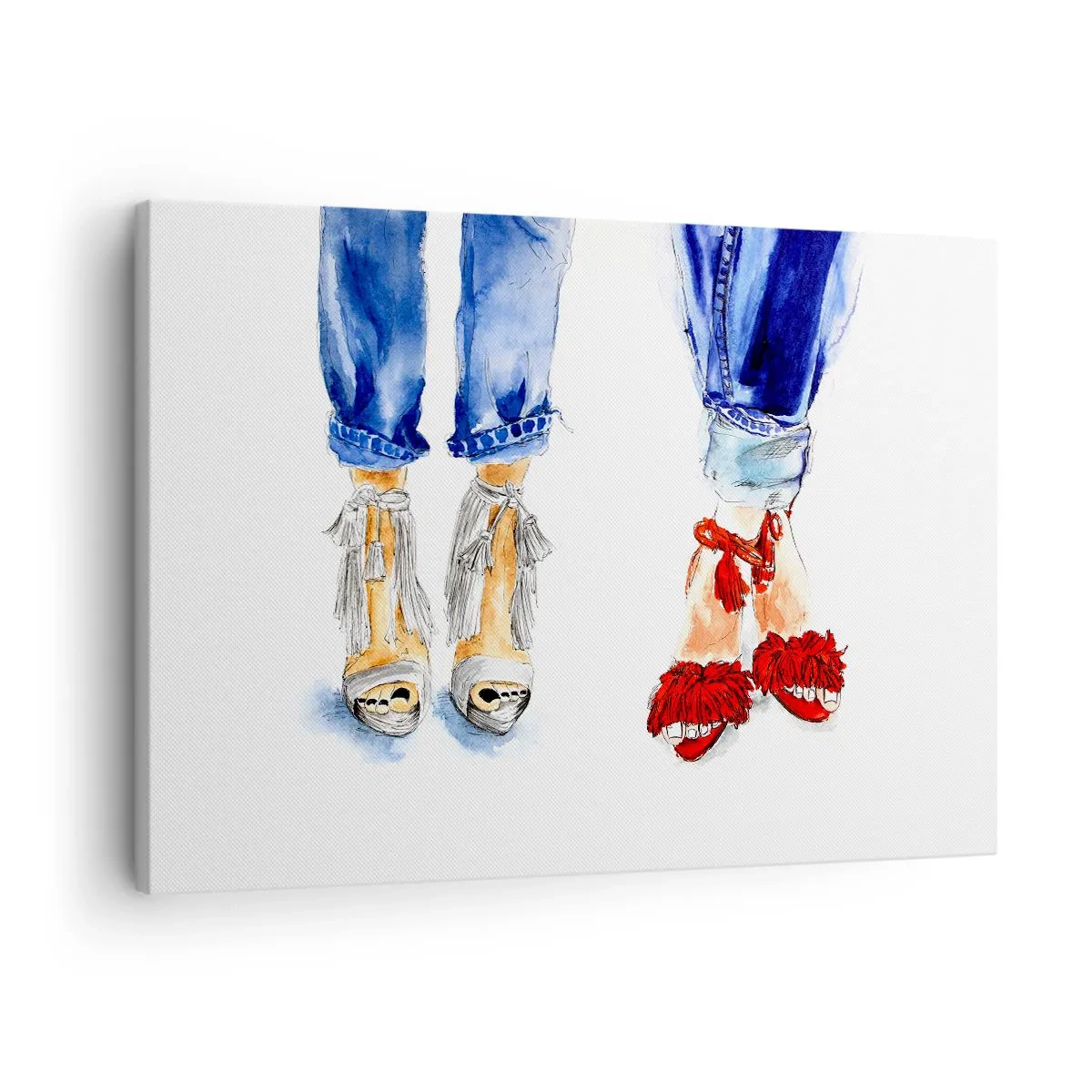 Canvastavla - Bild på duk - Illustration av två par skor i snygga sandaler och jeans - 70x50cm - Kanske går vi ut på promenad? - Modern väggdekoration för vardagsrum och sovrum ARTTOR