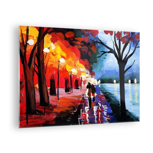 Glastavla - Bild på glas - Ett par som går i en färgglad park på kvällen - 70x50cm - Brinnande höst i parken - Modern väggdekoration för vardagsrum och sovrum ARTTOR