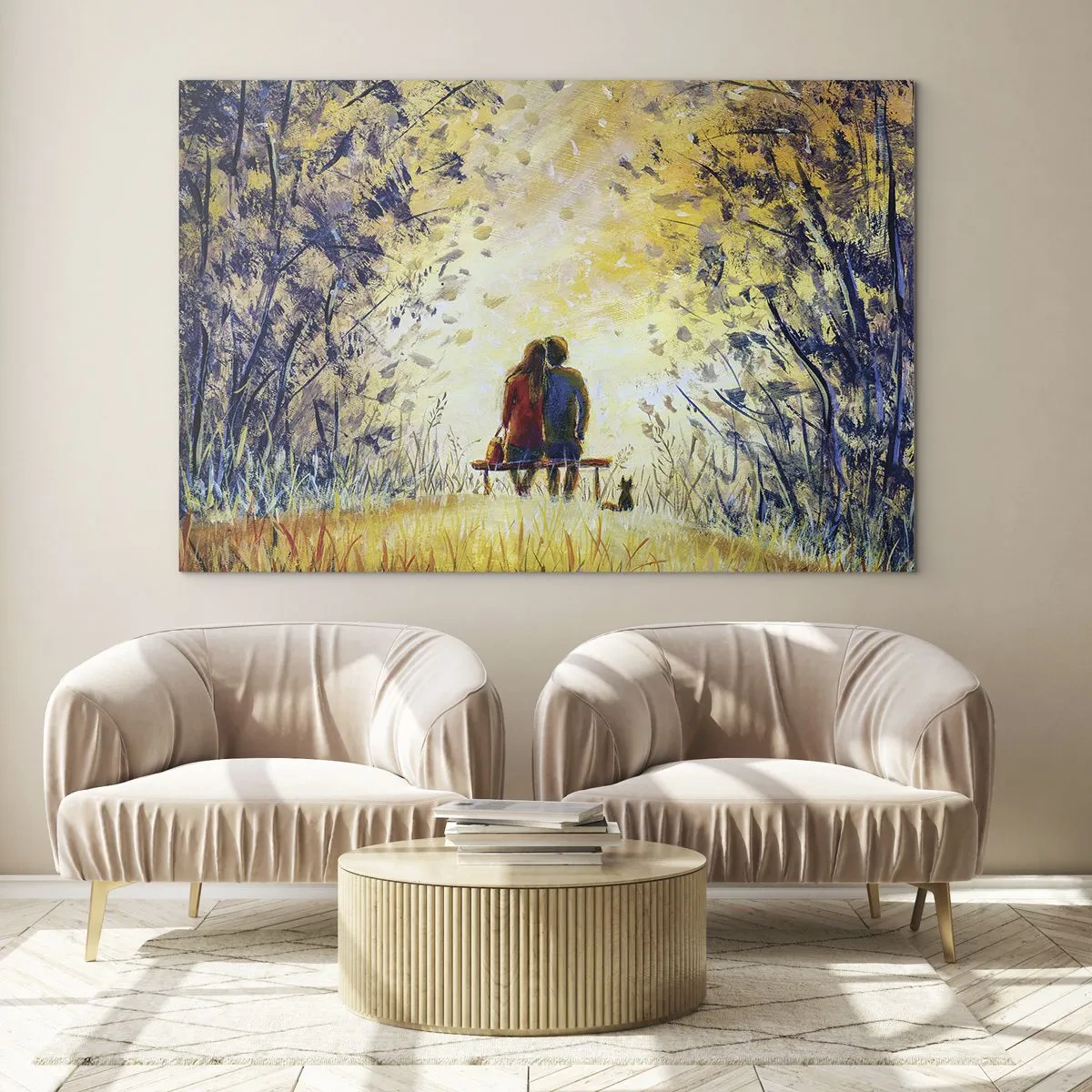 Glastavla - Bild på glas - Ett par på en bänk i ett magiskt ögonblick - 70x50cm - Magisk stund - Modern väggdekoration för vardagsrum och sovrum ARTTOR