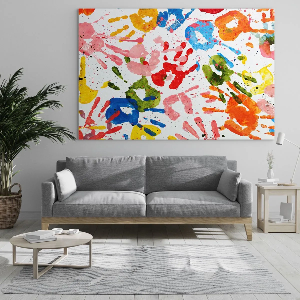 Glastavla - Bild på glas - Färgglada handavtryck på vit bakgrund - 70x50cm - Följs spåren - Modern väggdekoration för vardagsrum och sovrum ARTTOR