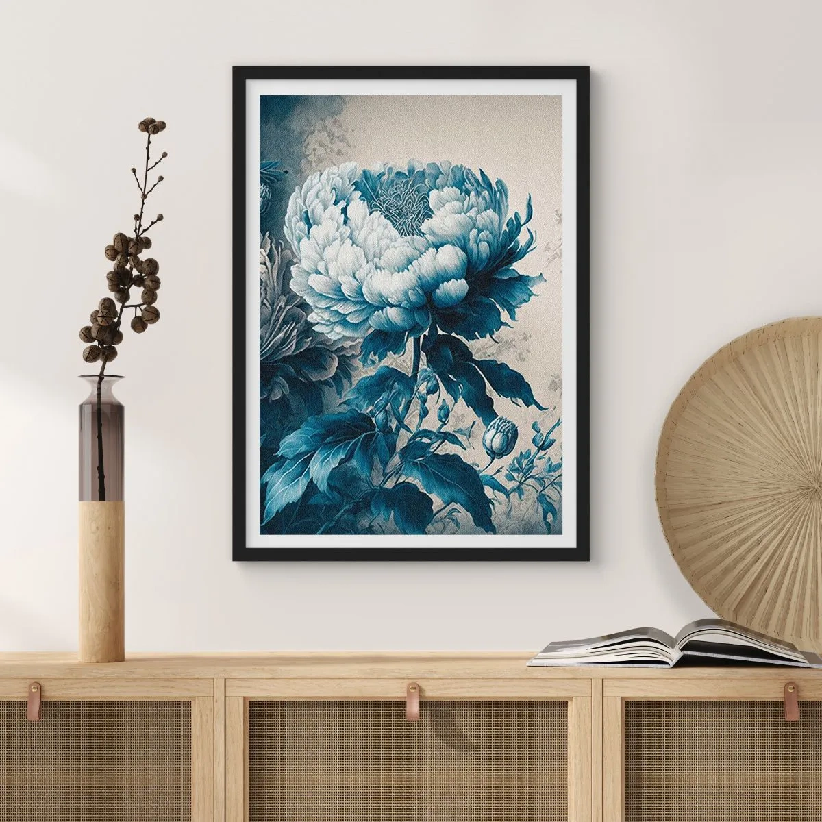 Affisch i svart ram - Delikat blå blomma i vintagestil - 50x70cm - Ett väl matchat par - Modern väggdekoration för vardagsrum och sovrum ARTTOR