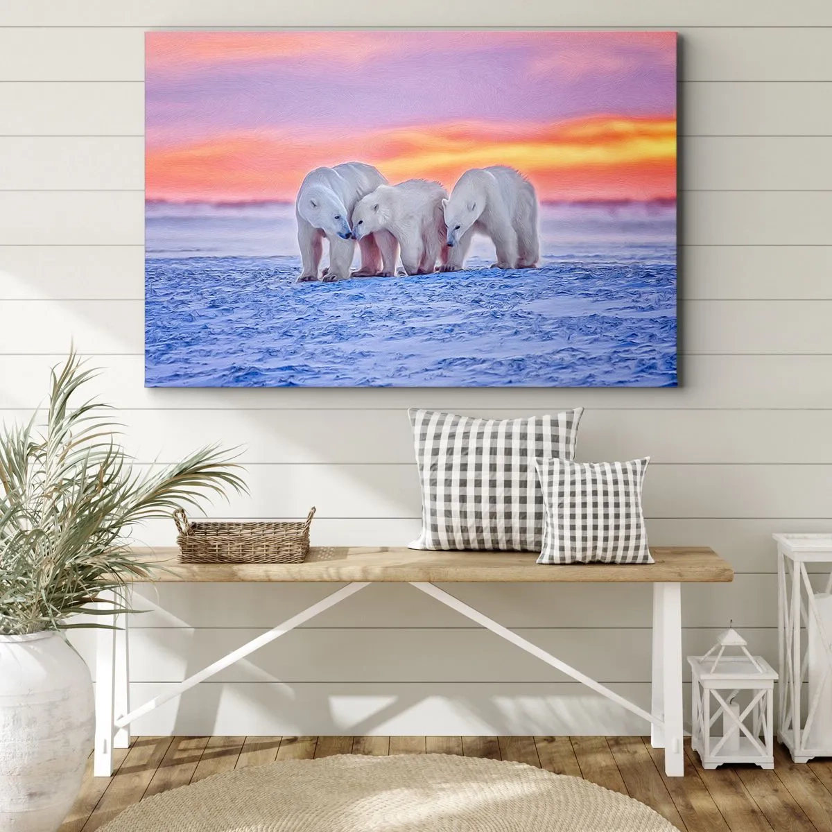 Canvastavla - Bild på duk - Tre isbjörnar mot bakgrund av en arktisk solnedgång - 70x50cm - Det räcker med familjevärme - Modern väggdekoration för vardagsrum och sovrum ARTTOR