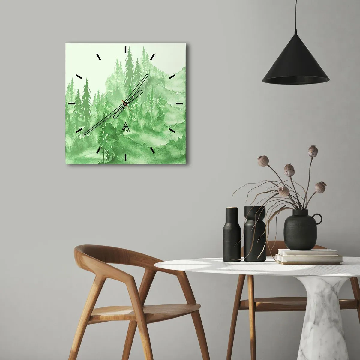 Väggklocka - Klocka på glas - Suddig i grön dimma - 30x30 cm