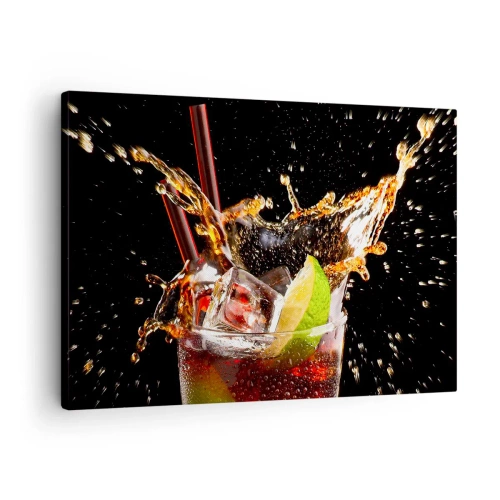 Canvastavla - Bild på duk - Ett glas dryck, lime och is i ögonblicket av dynamiskt plaskande - 70x50cm - Färgernas glädje och energi - Modern väggdekoration för vardagsrum och sovrum ARTTOR