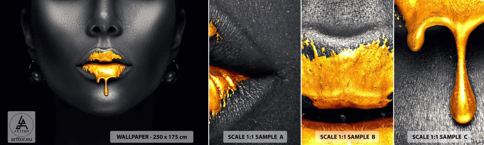 Provbit av självhäftande fototapet Deluxe Sticker - Guldmun - Abstraktion, Kvinnans mun, Kvinnans ansikte - 100x30 cm