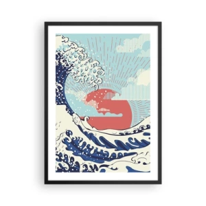 Affisch i svart ram - Japanskinspirerad grafisk våg med en röd sol - 50x70cm - Ur japanska inspirationer - Modern väggdekoration för vardagsrum och sovrum ARTTOR