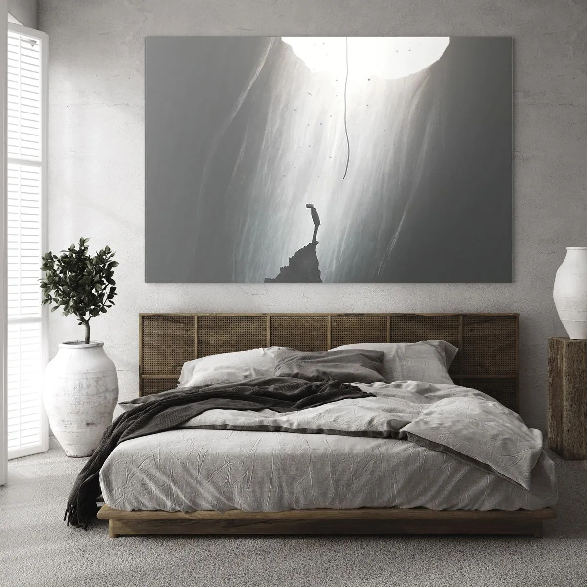 Glastavla - Bild på glas - En man som står i mörkret vid foten av en lysande utgång över en avgrund - 70x50cm - Det finns alltid en väg ut - Modern väggdekoration för vardagsrum och sovrum ARTTOR