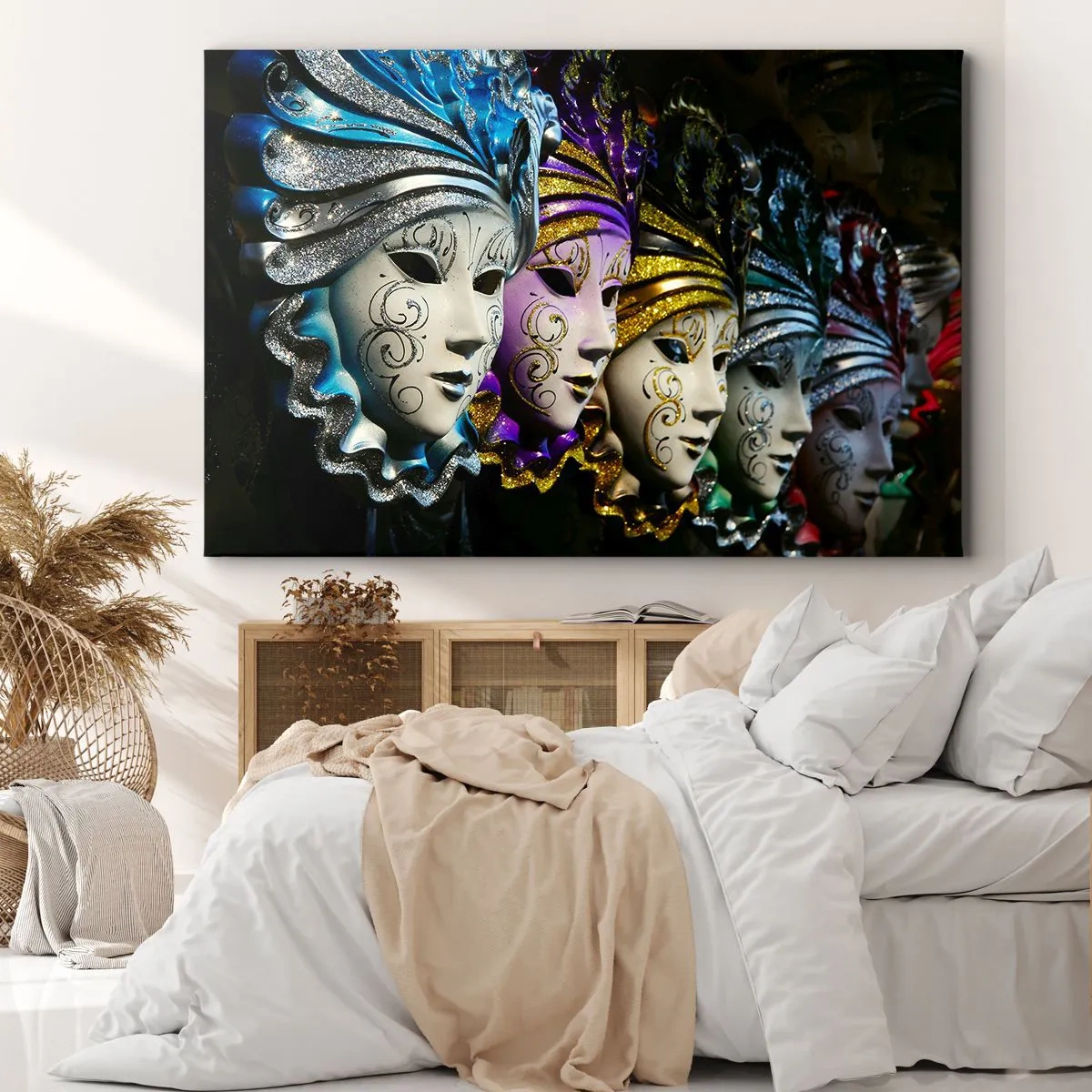 Canvastavla - Bild på duk - Venetianska masker i olika färger med dekorativa mönster - 70x50cm - Hemlighet i guld och i silver - Modern väggdekoration för vardagsrum och sovrum ARTTOR