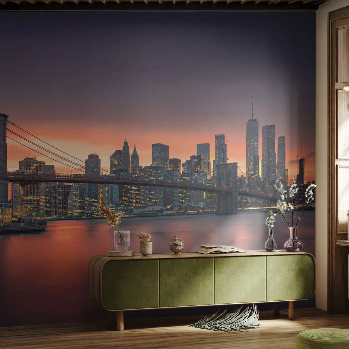 Fototapet Premium Sand - Doppad i lila tystnad - New York, Stad, Brooklyn Bridge - 100x70 cm