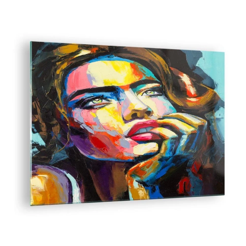 Glastavla - Bild på glas - Porträtt av en kvinna i intensiva abstrakta färger - 70x50cm - Drömmar seglar i himlen som fåglar - Modern väggdekoration för vardagsrum och sovrum ARTTOR