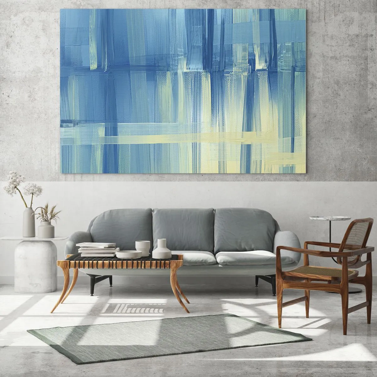 Glastavla - Bild på glas - Abstrakta penseldrag i turkos och gult - 70x50cm - Komposition i turkos - Modern väggdekoration för vardagsrum och sovrum ARTTOR