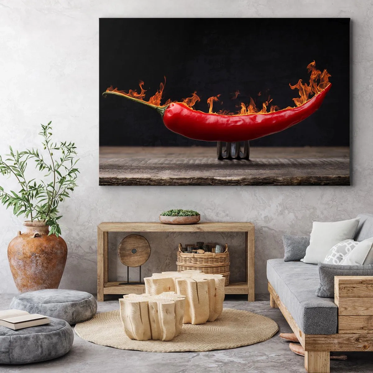 Canvastavla - Bild på duk - Flammande röd paprika på en gaffel - 70x50cm - Helvetiskt tilltugg - Modern väggdekoration för vardagsrum och sovrum ARTTOR