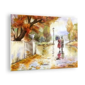 Glastavla - Bild på glas - Ett pars höstpromenad genom en park med färgglada löv - 70x50cm - Romantisk höst i parken - Modern väggdekoration för vardagsrum och sovrum ARTTOR