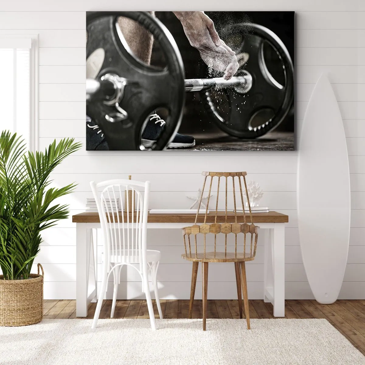 Canvastavla - Bild på duk - Hantlar och en idrottares händer som förbereder sig för träning - 70x50cm - Utmaningen accepterad! - Modern väggdekoration för vardagsrum och sovrum ARTTOR