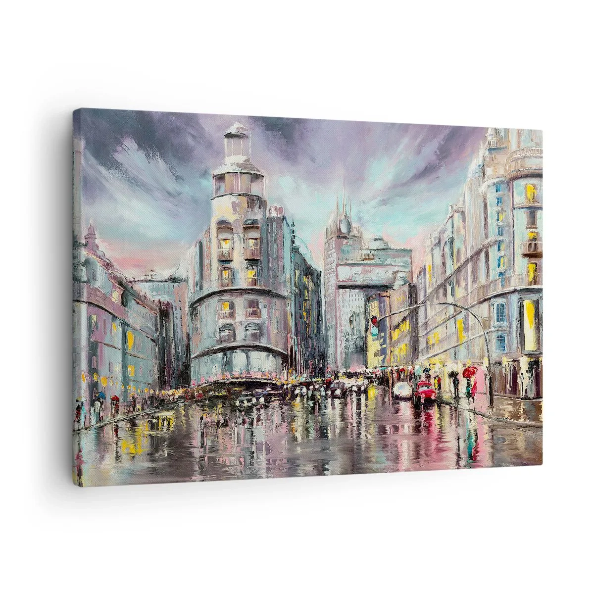 Canvastavla - Bild på duk - Kvällsvy över staden med reflektioner på den våta gatan - 70x50cm - Det blir en lyckad kväll - Modern väggdekoration för vardagsrum och sovrum ARTTOR