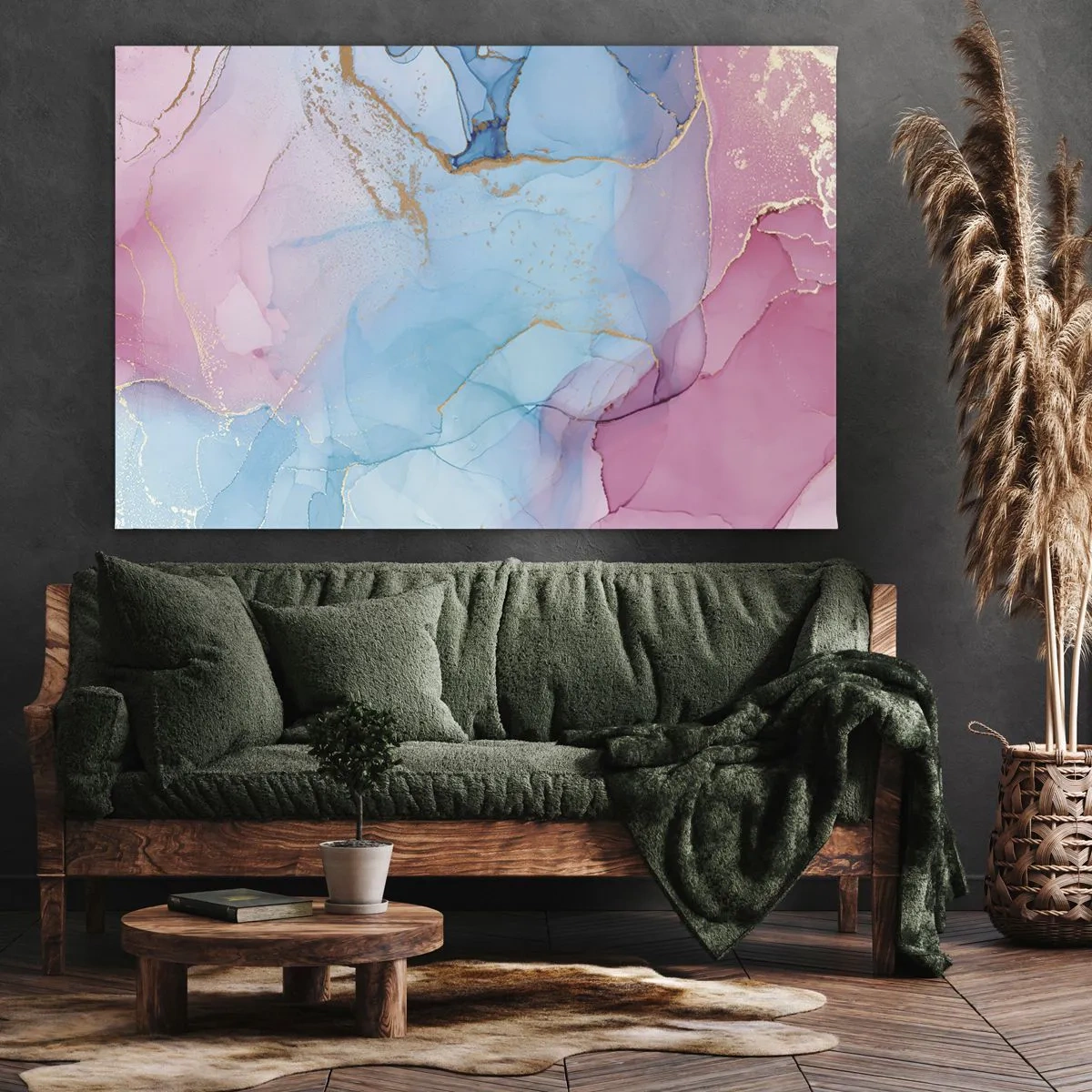 Canvastavla - Bild på duk - Abstrakta pastellmönster med gulddetaljer - 70x50cm - Möte och infiltration - Modern väggdekoration för vardagsrum och sovrum ARTTOR