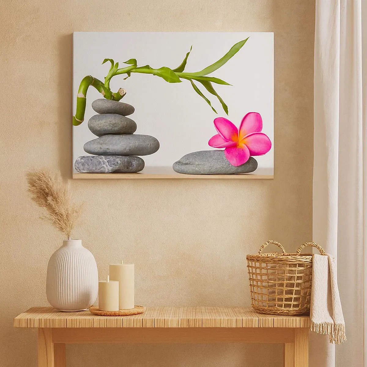 Canvastavla - Bild på duk - Bambu och rosa blomma på zen-stil stenar - 70x50cm - Livets färger och varaktighet - Modern väggdekoration för vardagsrum och sovrum ARTTOR
