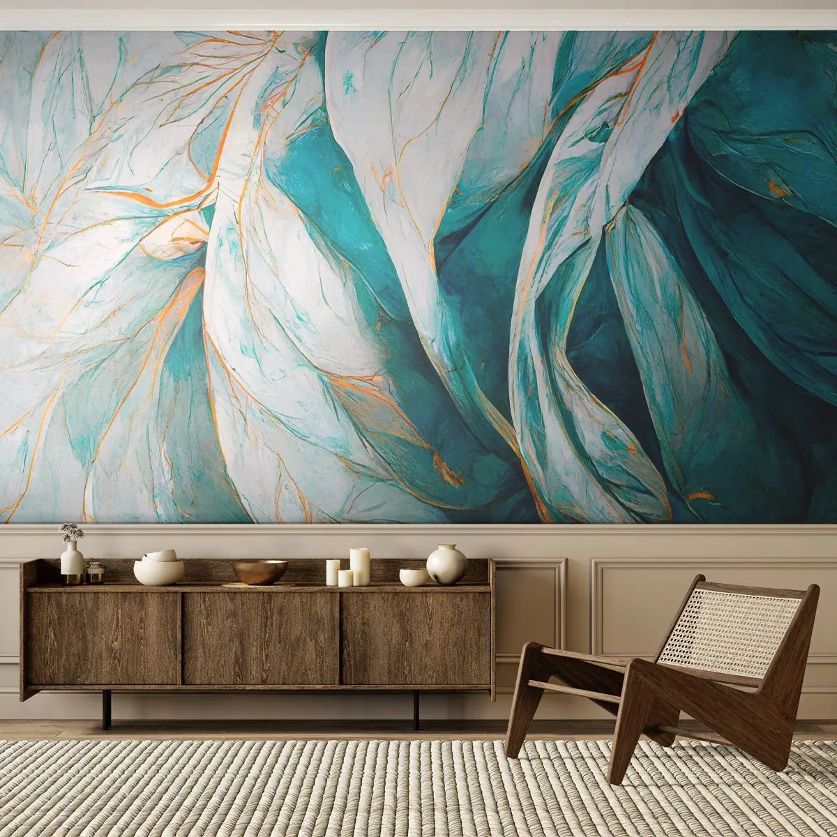 Fototapet Premium Canvas - Blå abstraktion med guldmotiv - Bit, Art déco, Subtil - 250x175 cm