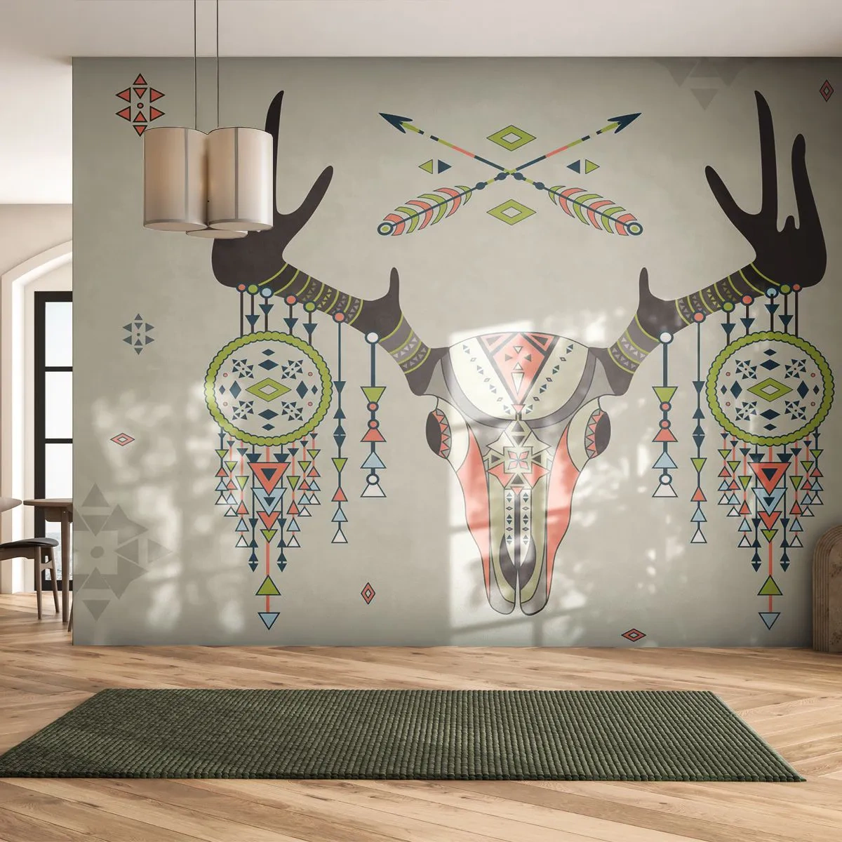 Självhäftande Fototapet Deluxe Sticker - Indianjägares trofé - Abstraktion, Rådjur, Boho - 250x175 cm