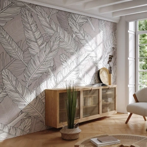 Fototapet Standard Eco - Svarta och vita bananblad på en beige bakgrund - 100x70cm - Fjäderstorm - Modern väggdekoration för vardagsrum och sovrum ARTTOR