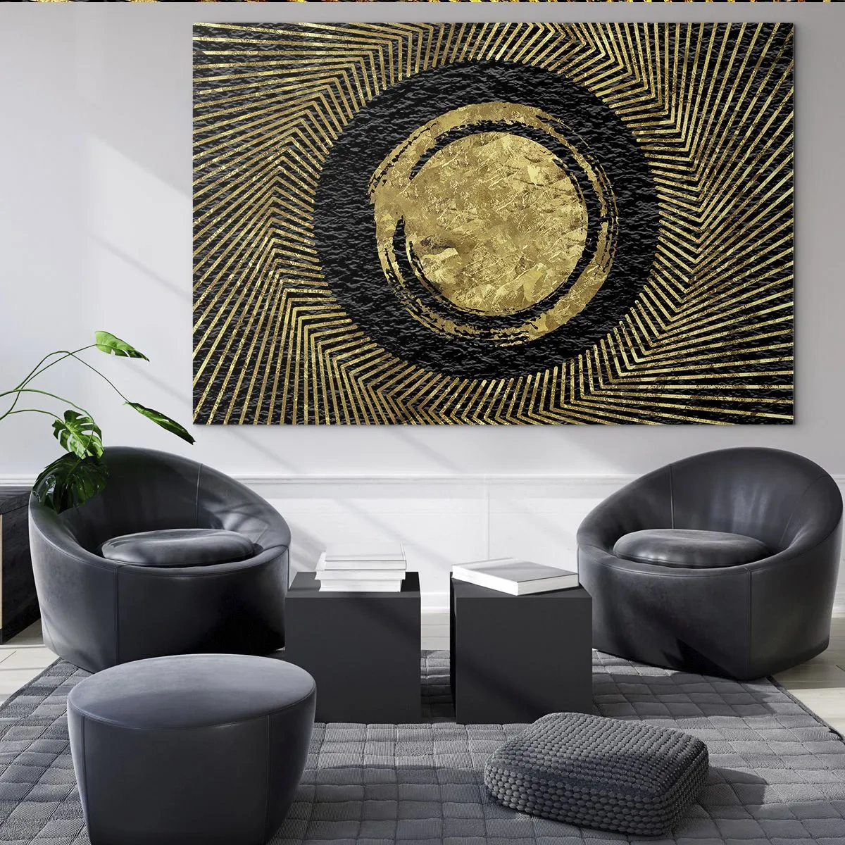 Glastavla - Bild på glas - Gyllene cirkel med strålar på svart bakgrund i glamorös stil - 70x50cm - Glamourös komposition - Modern väggdekoration för vardagsrum och sovrum ARTTOR