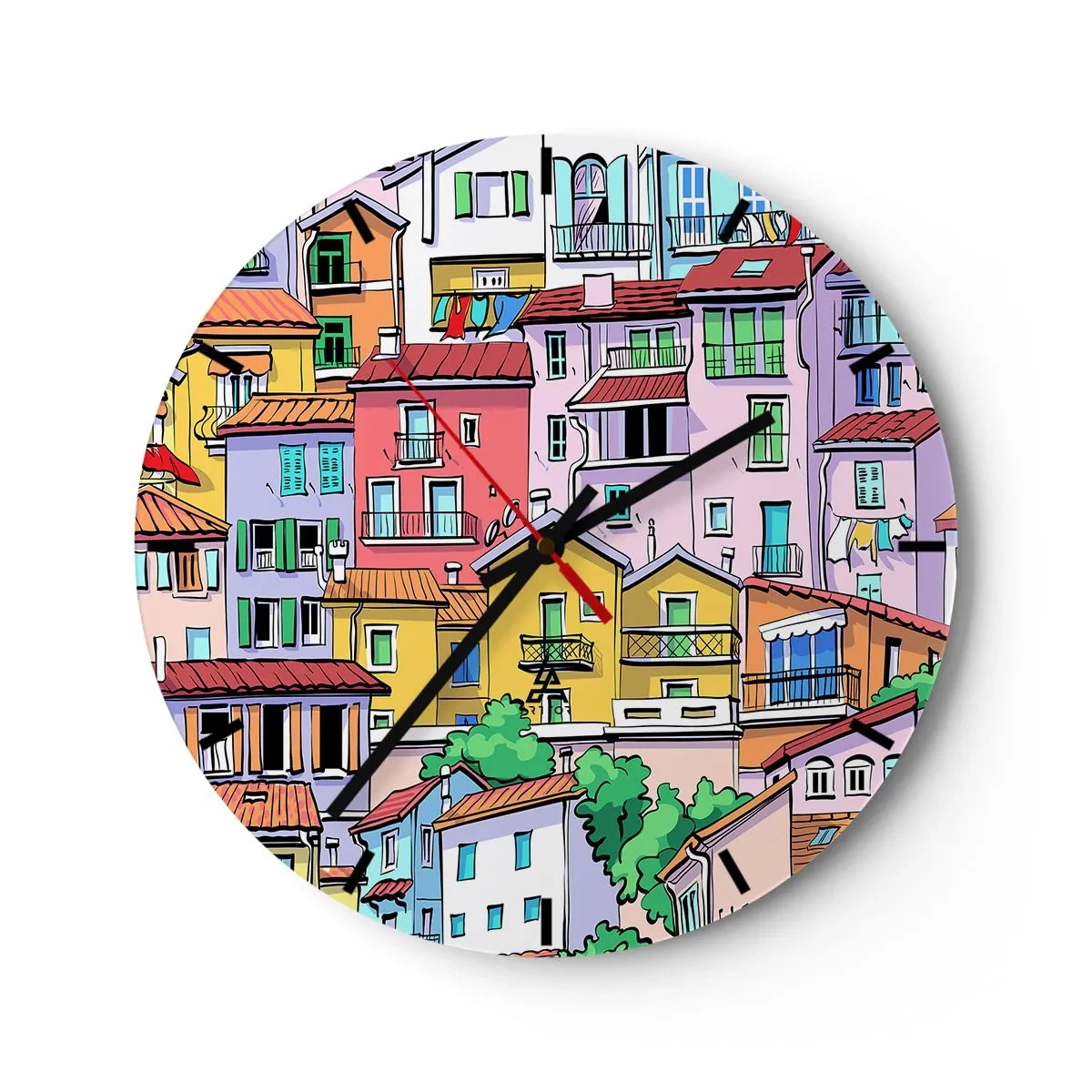Väggklocka - Klocka på glas - Färgglada hyreshus i illustrativ stil - 30x30cm - Gladlynt stad - Modern väggdekoration för vardagsrum, kök och sovrum ARTTOR