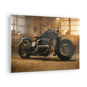 Glastavla - Bild på glas - Atmosfärisk bild av en klassisk motorcykel i ett garage - 70x50cm - Jag kan allt - Modern väggdekoration för vardagsrum och sovrum ARTTOR