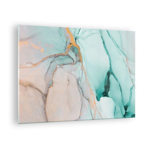 Glastavla - Bild på glas - En abstrakt komposition i nyanser av turkos och guld. - 70x50cm - Formernas och färgernas dans - Modern väggdekoration för vardagsrum och sovrum ARTTOR
