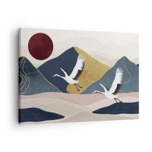 Canvastavla - Bild på duk - Tranor i flykt mot bakgrund av berg och en röd sol - 70x50cm - Nästa dag FLUGIT iväg - Modern väggdekoration för vardagsrum och sovrum ARTTOR