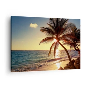 Canvastavla - Bild på duk - Tropisk solnedgång över en strand med palmer - 70x50cm - Sommar under palmträden - Modern väggdekoration för vardagsrum och sovrum ARTTOR