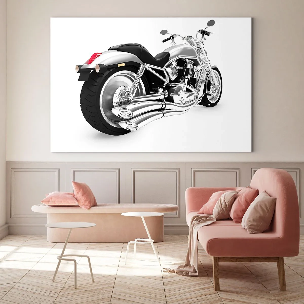 Glastavla - Bild på glas - En kromad motorcykel i modern stil på vit bakgrund - 70x50cm - Samlarens dröm - Modern väggdekoration för vardagsrum och sovrum ARTTOR