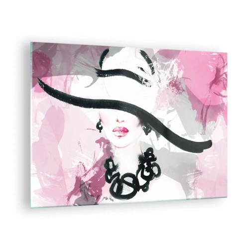 Glastavla - Bild på glas - Porträtt av en kvinna i svart hatt med rosa bakgrund - 70x50cm - En damportätt i svart och rosa - Modern väggdekoration för vardagsrum och sovrum ARTTOR
