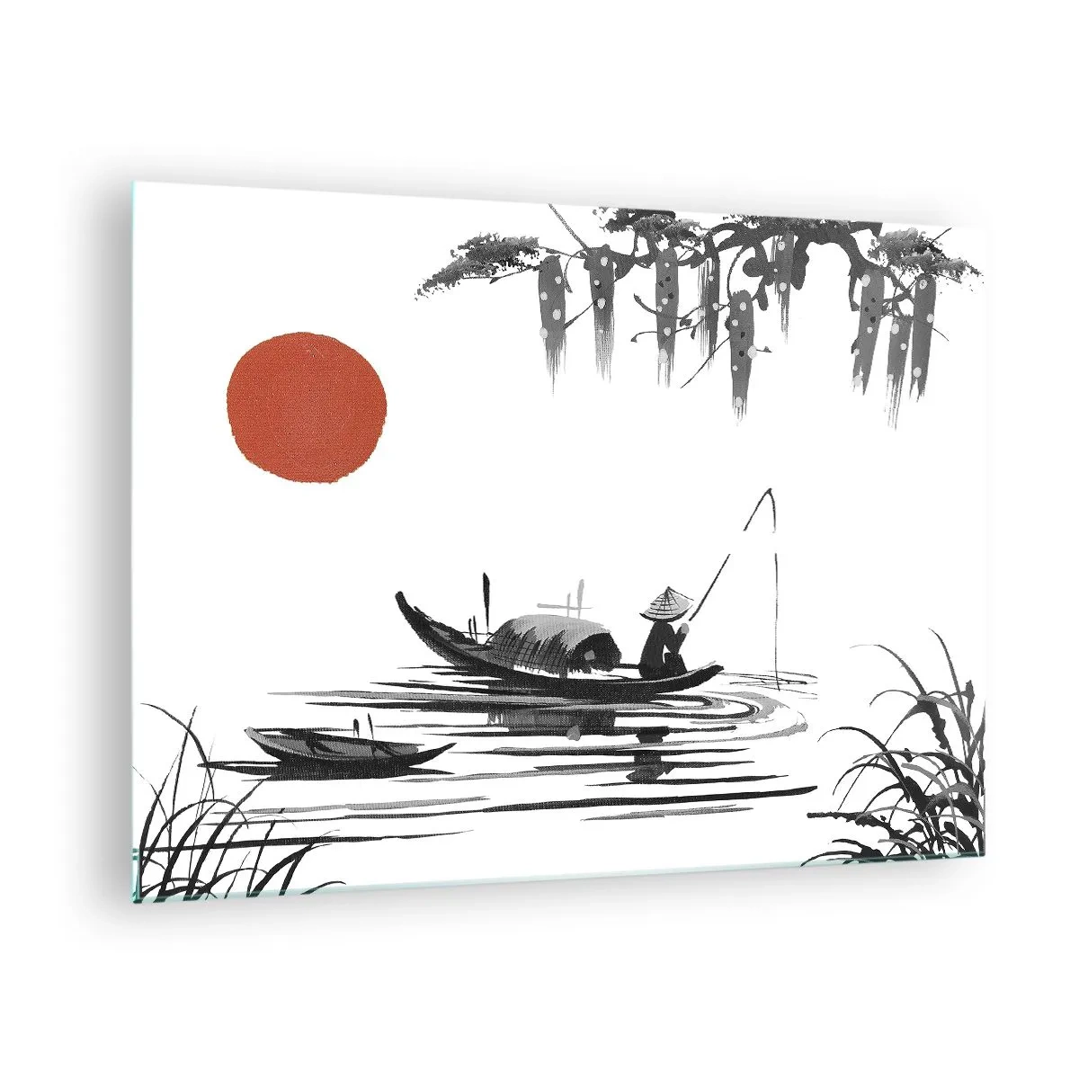 Glastavla - Bild på glas - Traditionell fiskebåt på en flod med en röd sol - 70x50cm - Asiatisk eftermiddag - Modern väggdekoration för vardagsrum och sovrum ARTTOR