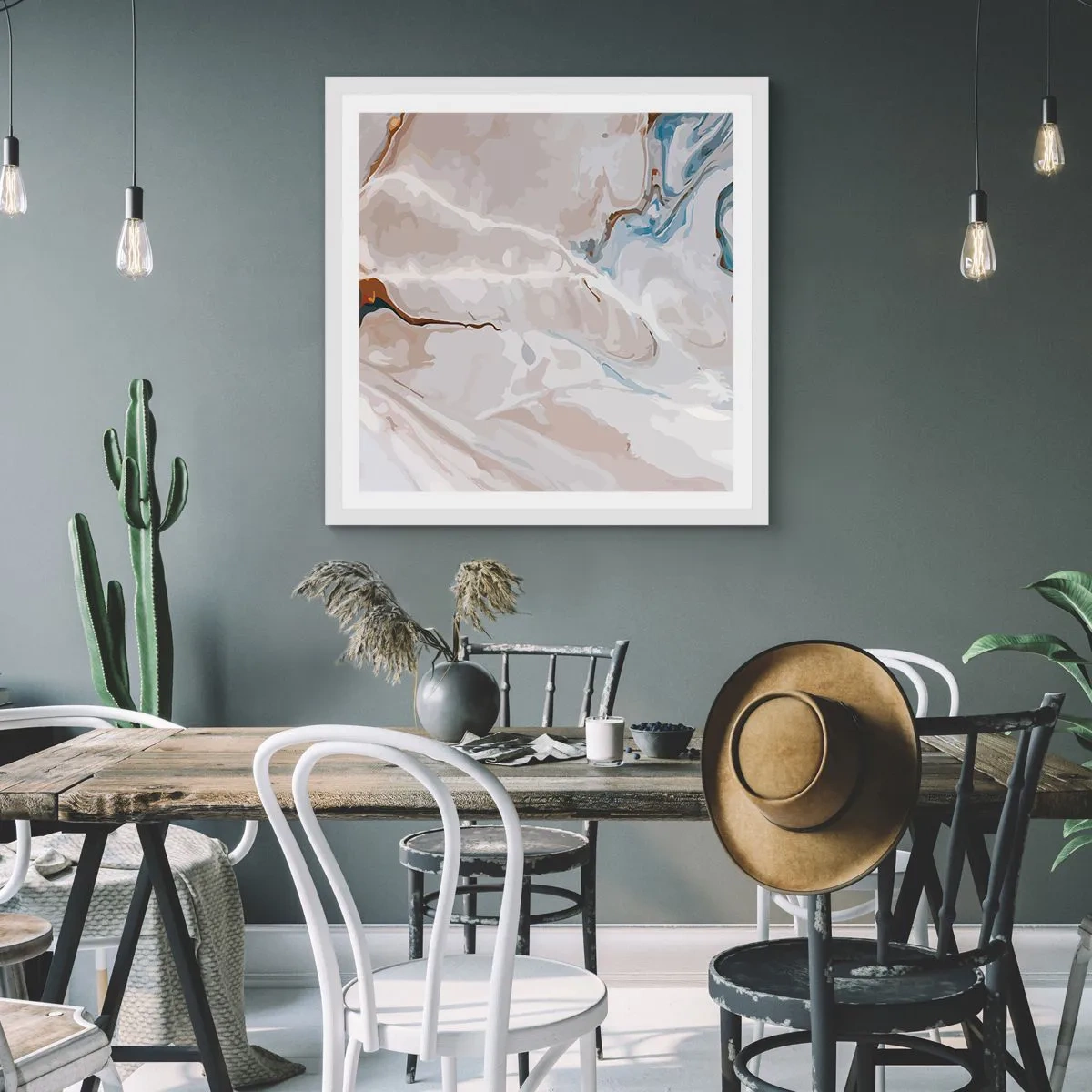 Affisch i vit ram - Blåa meanderlopp under vithet - 60x60 cm