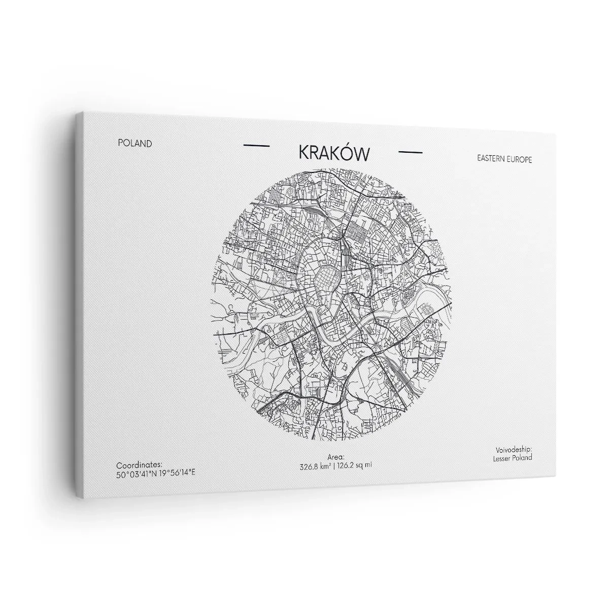 Canvastavla - Bild på duk - En karta över Krakow i minimalistisk stil - 70x50cm - Krakóws anatomi - Modern väggdekoration för vardagsrum och sovrum ARTTOR