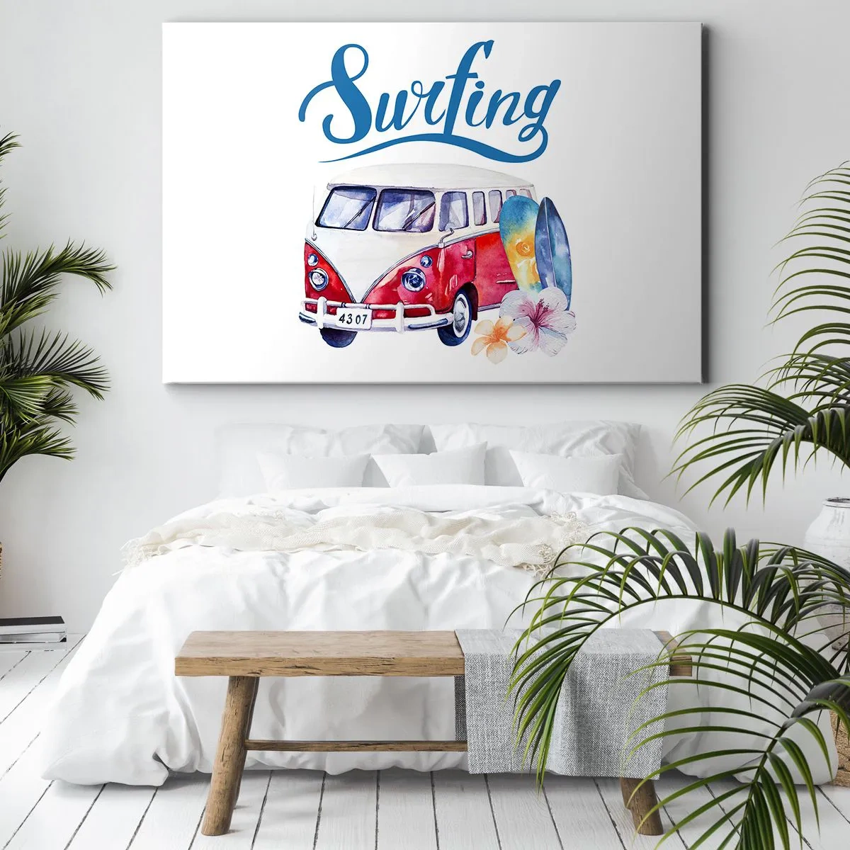 Canvastavla - Bild på duk - Färgglad grafik med ett buss- och surftema - 70x50cm - Gurka - en klassiker för surfaren - Modern väggdekoration för vardagsrum och sovrum ARTTOR