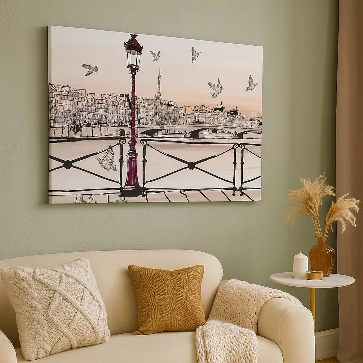Canvastavla - Bild på duk - Parisisk utsikt med en lykta och en bro - 70x50cm - Över Paris tak - Modern väggdekoration för vardagsrum och sovrum ARTTOR