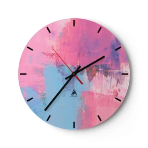 Väggklocka - Klocka på glas - En abstrakt målerisk komposition i nyanser av rosa och blått. - 30x30cm - Rosa, blått och en gnutta ljus - Modern väggdekoration för vardagsrum, kök och sovrum ARTTOR