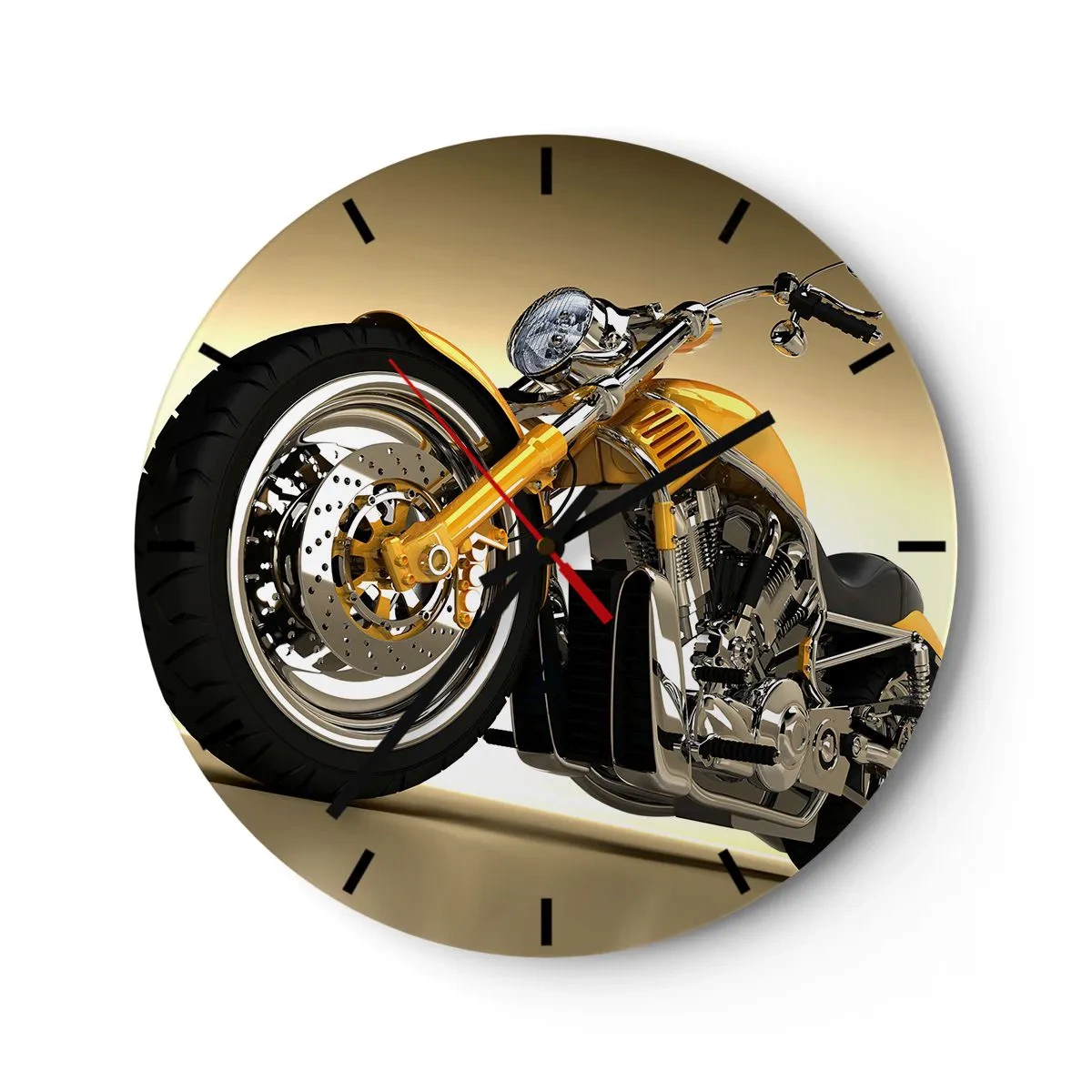 Väggklocka - Klocka på glas - En snygg motorcykel i nyanser av guld och krom - 30x30cm - En dröm om styrka och skönhet - Modern väggdekoration för vardagsrum, kök och sovrum ARTTOR