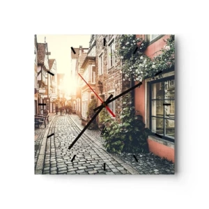 Väggklocka - Klocka på glas - Rosgränd i rosa sken - 30x30 cm