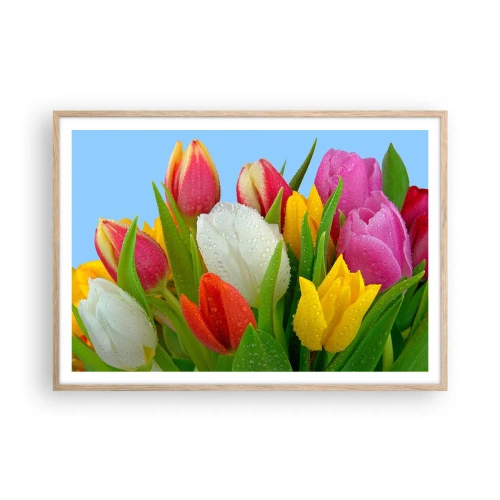 Affisch i ram av ljusek - blommig regnbåge i daggdroppar - 100x70 cm